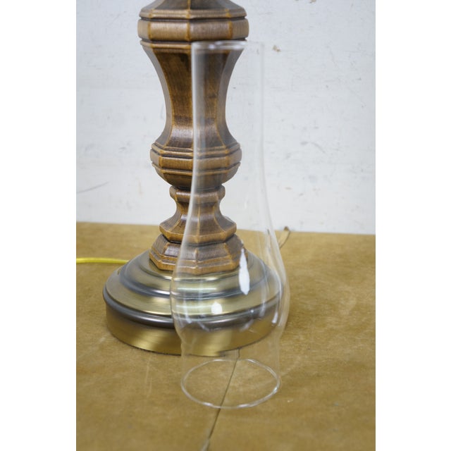 Vintage Pee Gee Milk Glass Shade Brass Wood Sinumbra Faux Oil Table Lamp 26" For Sale - Image 10 of 15