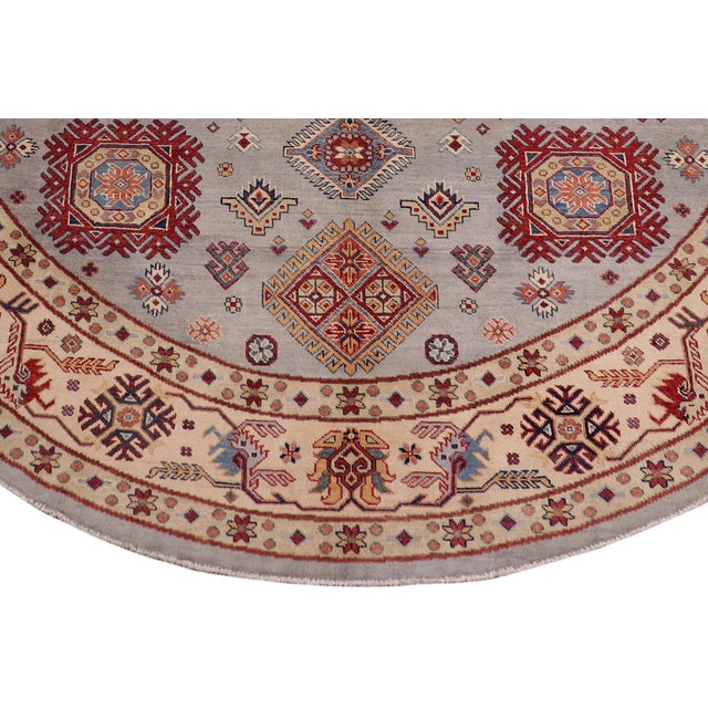 Shabby Chic Tribal Kazak Gray/Beige Wool Round Rug- 9'0''x9'0'' For Sale - Image 3 of 9