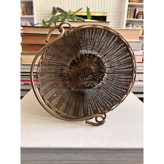 Vintage Solid Brass Woven Basket With Swing Handles For Sale - Image 10 of 12