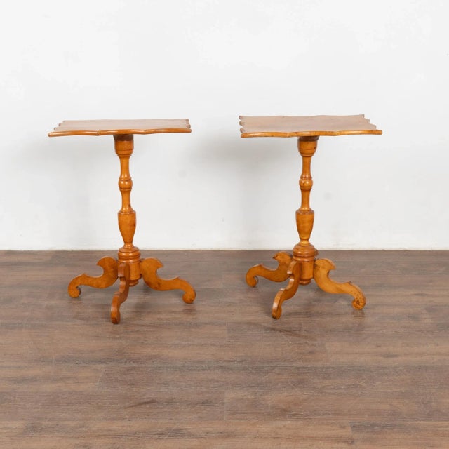 It is the striking birch wood that draws one to this pair of attractive Biedermeier pedestal side tables with concave...