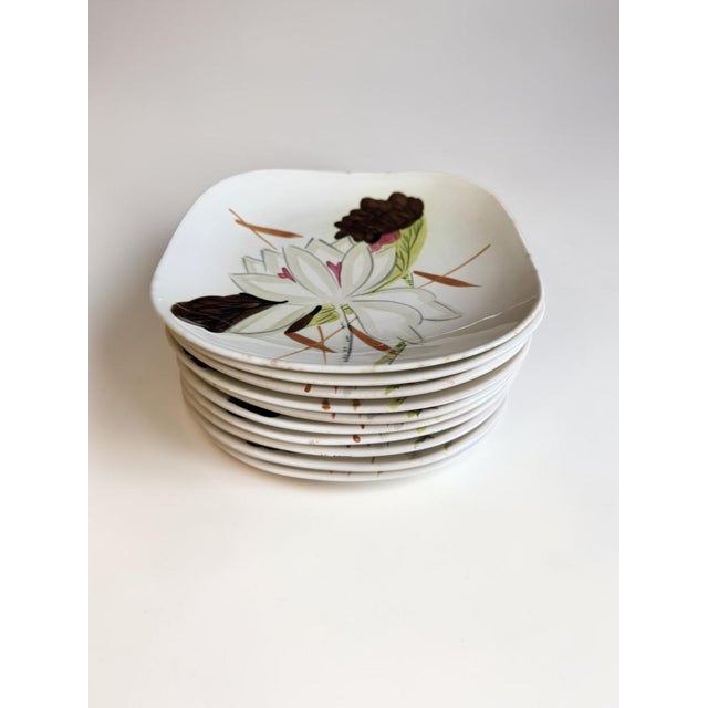 Mid-Century Modern 1950s Red Wing Pottery Lotus Pattern Square Bread Plates - Set of 10 For Sale - Image 3 of 7