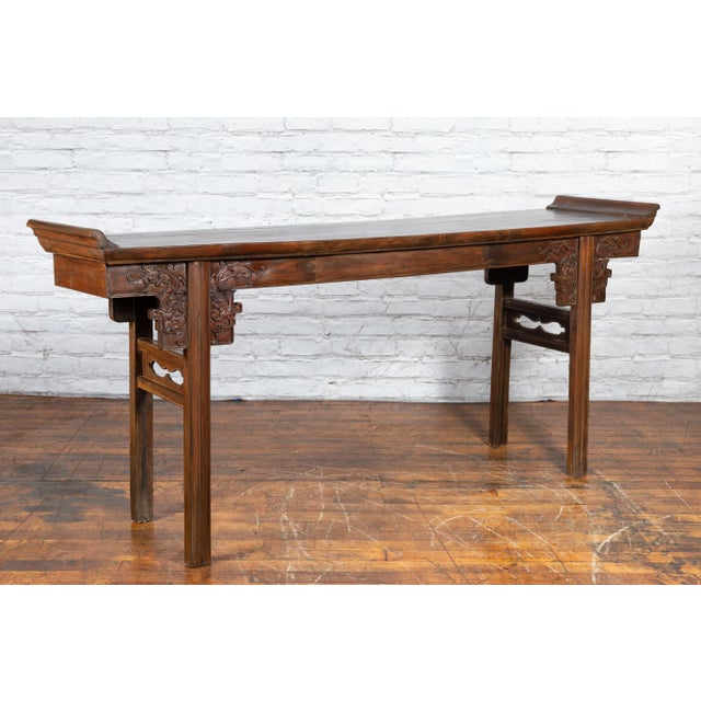 Wood Early 20th Century Chinese Elmwood Carved Dragon Motif Altar Console Table For Sale - Image 7 of 13