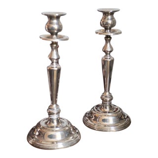 Pair of Large 1920s Silverplate English Taper Candleholders Elegant Regency Traditional Table Lighting For Sale
