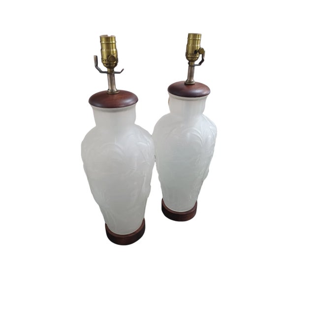 Vintage pair of art deco Muller Freres style satin glass table lamps. Lamps have Cranes. Pelicans, and pheasants on them....