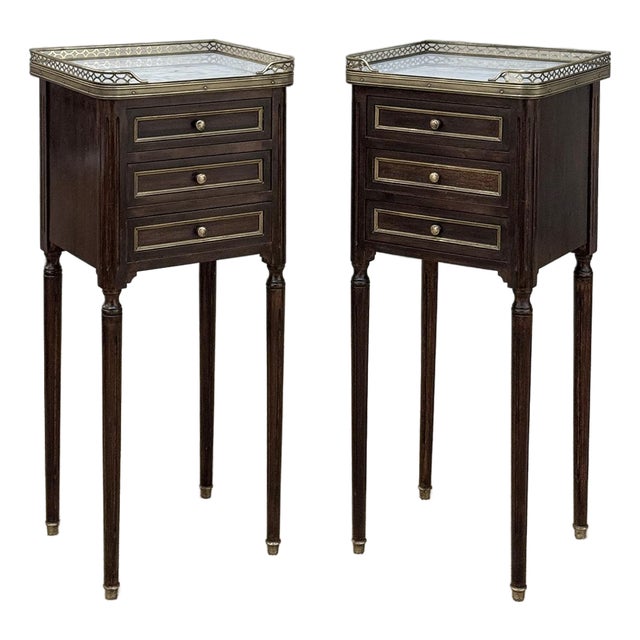 Pair Mid-Century Louis XVI Mahogany End Tables With Carrara Marble For Sale