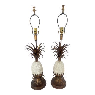 Pair Italian Gilt Metal & Ceramic Pineapple Table Lamps , 1950s For Sale