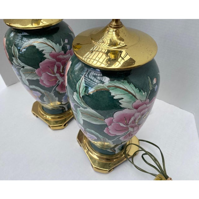 Vintage Chinoiserie Green Ceramic Floral Table Lamps With Brass Bases a Pair For Sale - Image 15 of 18