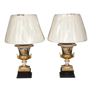 Paris Porcelain Campagna Form Table Lamps with New Shades - A Pair