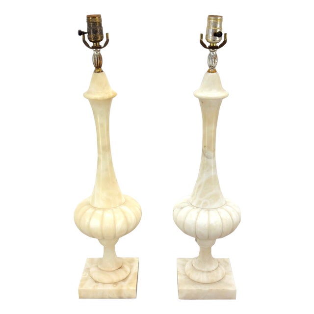 Pair of Fine Elegant Alabaster Marble Onion Shape Bases Table Lamps Clean! For Sale