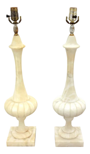 Pair of Fine Elegant Alabaster Marble Onion Shape Bases Table Lamps Clean!