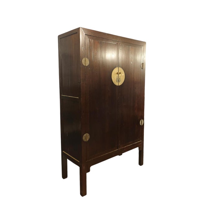 87" Tall Antique Chinese Tapered Cabinet With Large Brass Hardware For Sale - Image 4 of 5