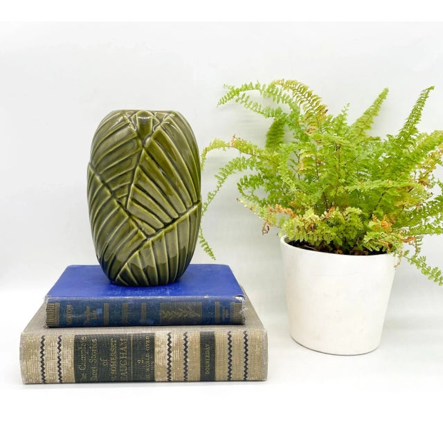 Stunning boho chic ceramic vase with a beautiful overlapping leaf design. Mid-late 20th century piece. Would be a perfect...
