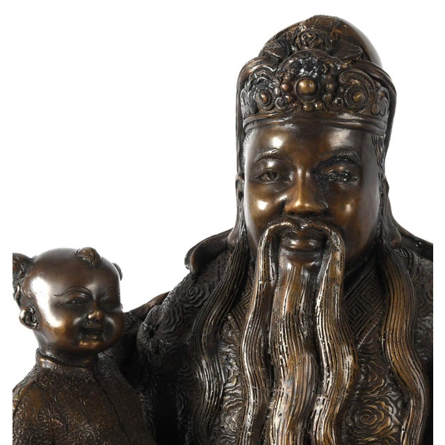 Pair of Large Chinese Bronze Wisemen Figures With Ruyi and Child, 20th Century For Sale - Image 11 of 15