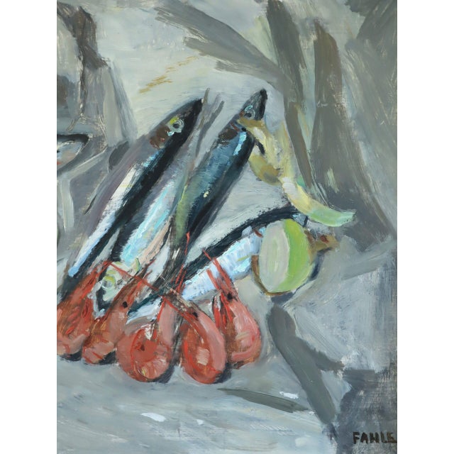 1961 Mid-Century Modern 'Still Life With Sardines' Vintage Swedish Expressive Still Life Oil Painting, Framed For Sale - Image 9 of 11