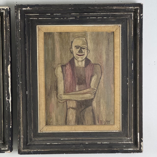 Pink Exquisite & Unusual Pair of 1940s Circus Performers Portrait Paintings, Framed Original Oil on Board For Sale - Image 8 of 16