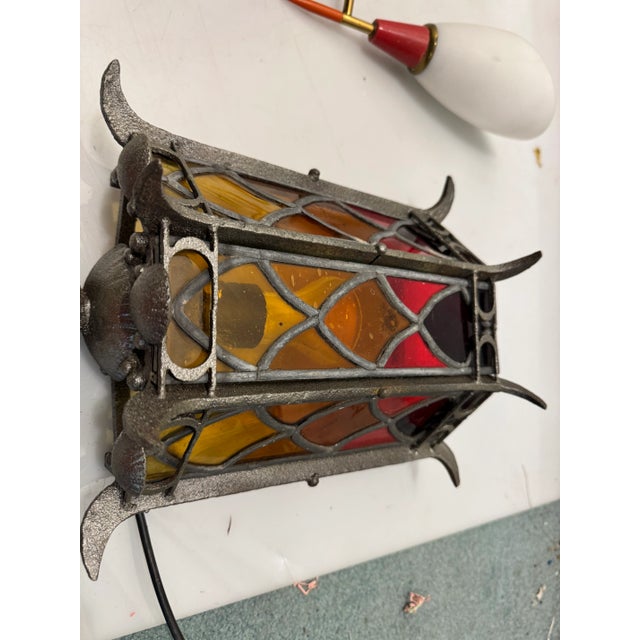 Wrought Iron Stained Glass Single Wall Light, 1960s For Sale - Image 6 of 10