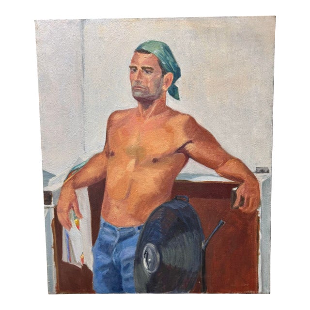 Stunning Vintage 1970 Commissioned Painting of a Half Nude Male Wearing a Head Bandana While Resting Against a Counter For Sale
