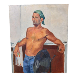Stunning Vintage 1970 Commissioned Painting of a Half Nude Male Wearing a Head Bandana While Resting Against a Counter