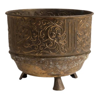1900s Brass Jardinière Planter With Repoussé Foliate Design, Marked England For Sale