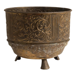 1900s Brass Jardinière Planter With Repoussé Foliate Design, Marked England