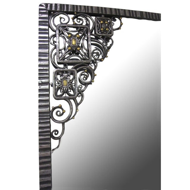 Magnificent Hand Hammered Iron & Brass Inlaid French Art Deco Mirror For Sale - Image 15 of 17
