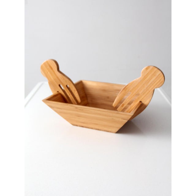 Wood Vintage Bamboo Salad Serving Bowl With Hand Shaped Serving Utensils For Sale - Image 7 of 18