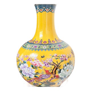 1980s yellow temple vase // Chinoiserie // yellow ceramic vase // floral vase // birds and flowers // enamel // oversized vase For Sale
