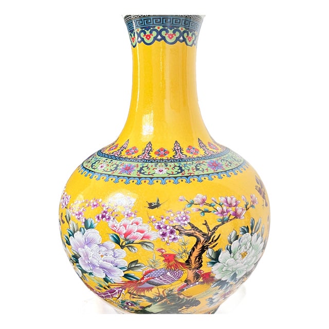 1980s yellow temple vase // Chinoiserie // yellow ceramic vase // floral vase // birds and flowers // enamel // oversized vase For Sale