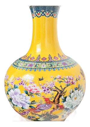 1980s yellow temple vase // Chinoiserie // yellow ceramic vase // floral vase // birds and flowers // enamel // oversized vase