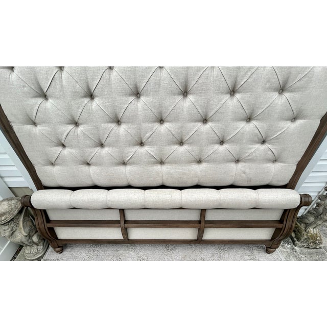 Wood King Sleigh Bed Vintage Transitional Style Tufted Upholstered Linen Taupe For Sale - Image 14 of 15