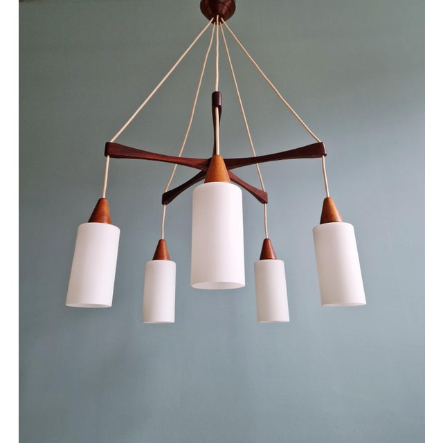 Large Scandinavian Chandelier in Teak and Satin White Opaline Glass, 1960s For Sale - Image 17 of 17