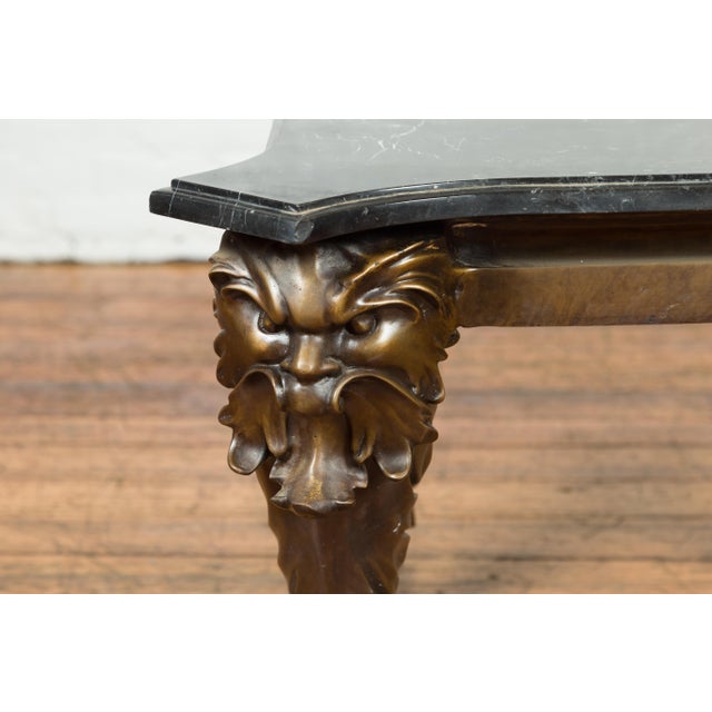 Brown Mid 20th Century Bronze Side Table with Mythological Figures & Black Marble Top For Sale - Image 8 of 12