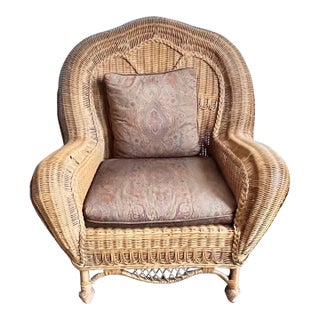 1990s Large Wicker Chair With Ralph Lauren Fabric Cushions For Sale