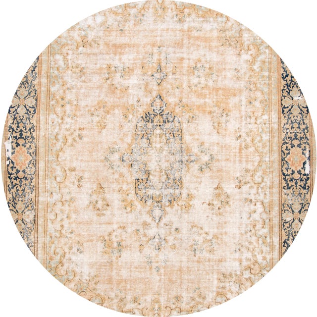 Beautiful Vintage Distressed rug, hand knotted wool with a tan field, ivory and blue accents in an all over multi...