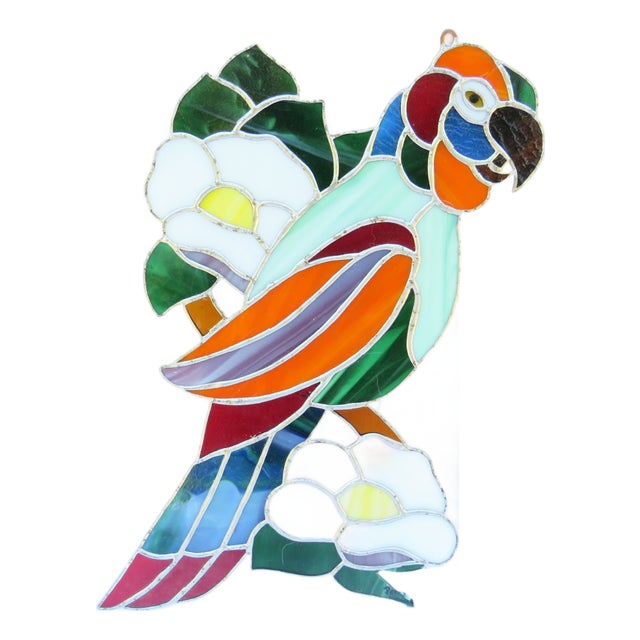 1970s Stained Glass Bird & Floral Art Piece For Sale