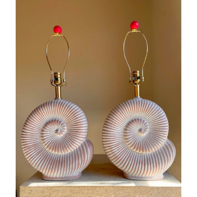 Hollywood Regency Pair of 1970s Mid Century Nautilus Shell Pottery Lamps Made in France in the Style of Jean Charles Moreux For Sale - Image 3 of 12