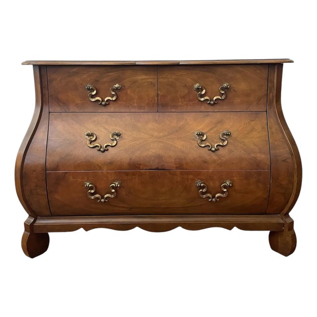 1970s Baker Furniture Collector Figured Walnut Bombe Four-Drawer Commode For Sale