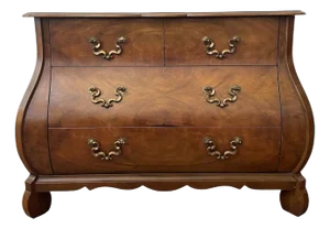 1970s Baker Furniture Collector Figured Walnut Bombe Four-Drawer Commode