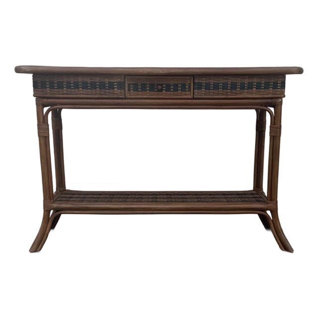Vintage Boho Rattan & Wicker Console Table With Drawer and Woven Shelf For Sale