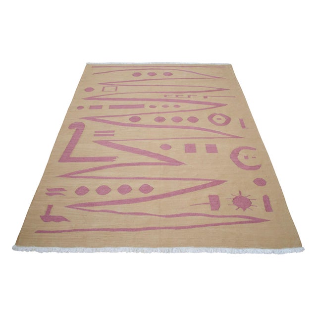 Textile Handmade Modern Silk Rug Paul Klee Inspired Oushak Kilim Modernist Bauhaus Style Pink Beige 4x6 Ft Approx For Sale - Image 7 of 18