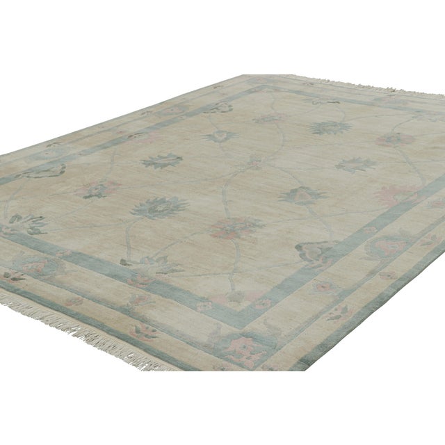Transitional Rug & Kilim’s Oushak Style Rug in Cream With Slate Blue Floral Patterns For Sale - Image 3 of 7