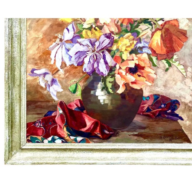 Midcentury Signed Original Floral Oil Painting For Sale - Image 11 of 12