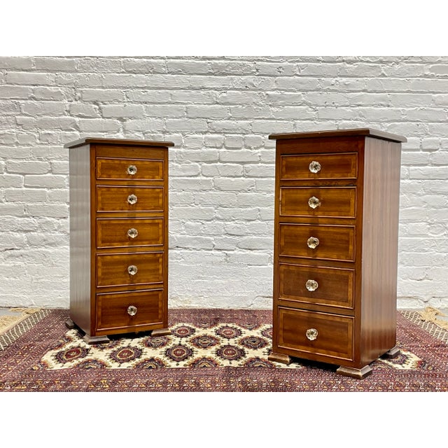 Pair of Federal Style Narrow Mahogany Dressers | 1920's Skinny Nightstands Glass Knobs For Sale - Image 4 of 13