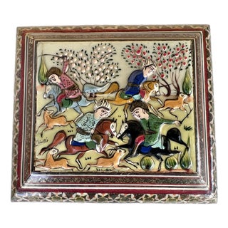 Vintage Footed Middle Eastern Mosaic Wooden Trinket Box For Sale