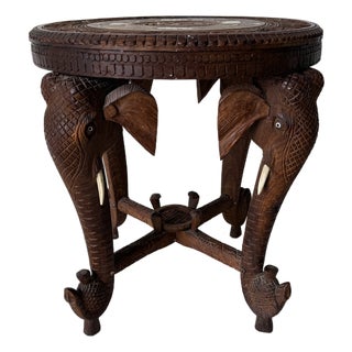 Vintage Anglo Indian Hand-Carved Elephant Side Table With Bone Inlay Animal Motif For Sale