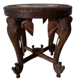 Vintage Anglo Indian Hand-Carved Elephant Side Table With Bone Inlay Animal Motif