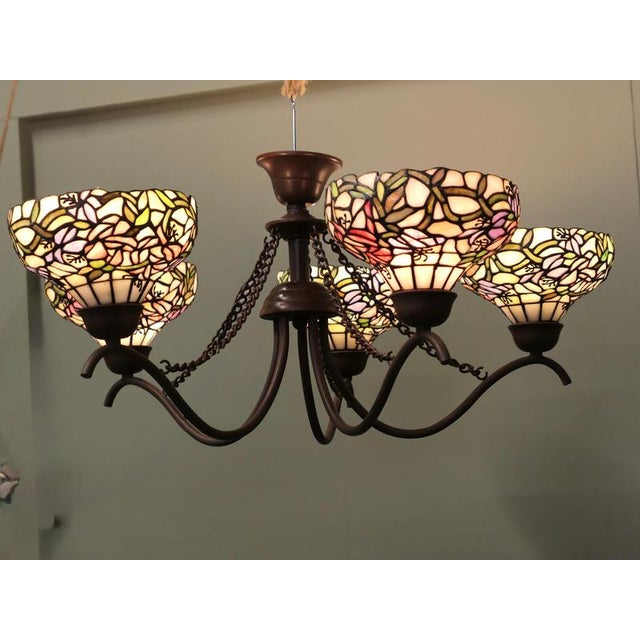 Large 5 Branch Ceiling Light, with Tiffany Style Lamp Shades This design is based on the Classic stained glass shades made...