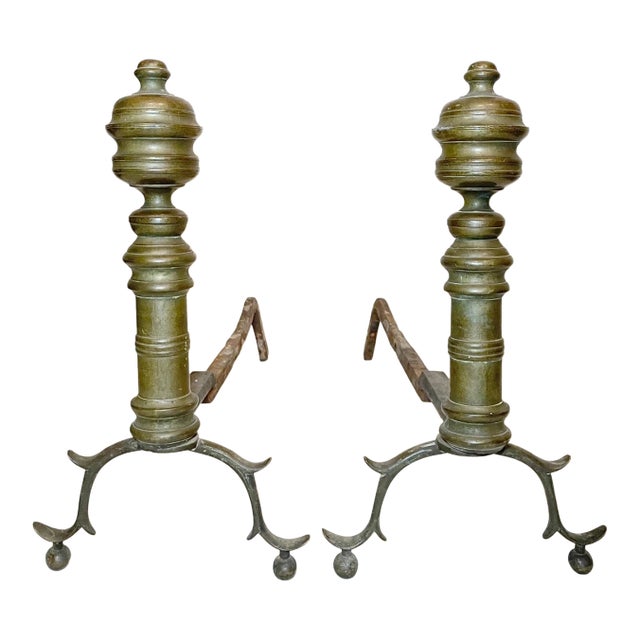 Pair of Turned 18th Century Peened Brass Wrought Iron Georgian Andirons 1700's For Sale