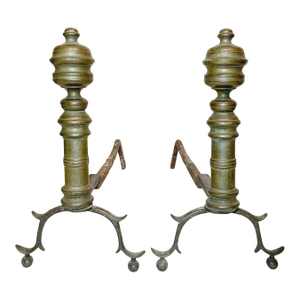 Pair of Turned 18th Century Peened Brass Wrought Iron Georgian Andirons 1700's