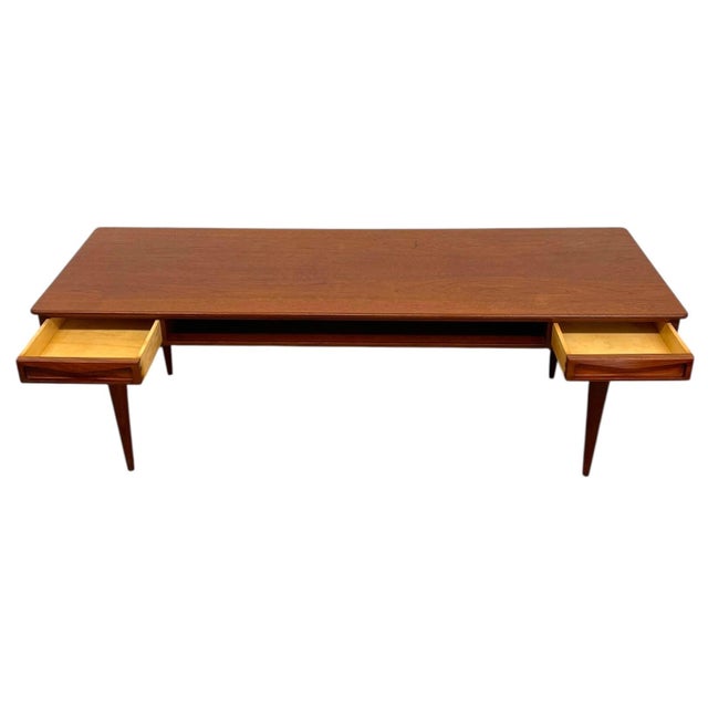 Vintage Mid Century Modern Danish Style Coffee Table With Sculpted Drawer Pulls and Open Shelf Storage For Sale In Seattle - Image 6 of 11